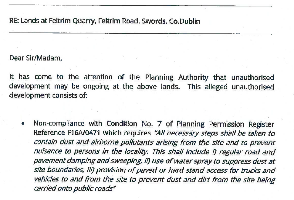 AIE to Fingal CoCo in relation to warning letters to quarry operators